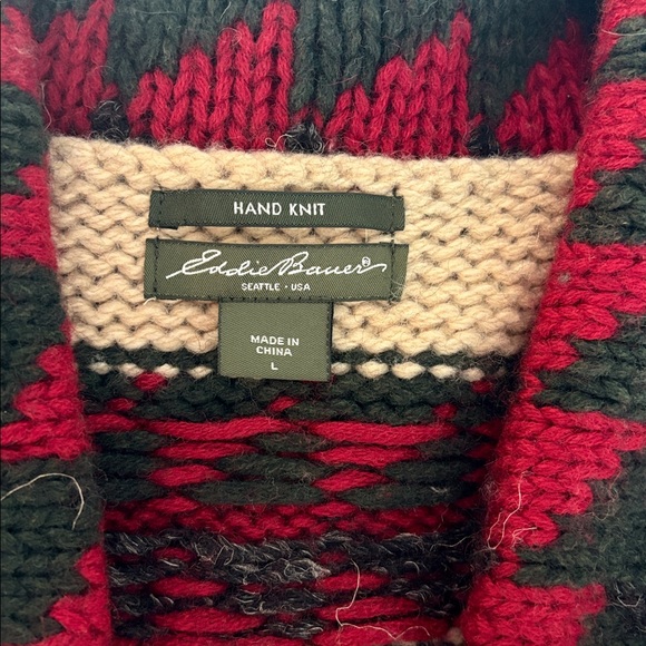 Eddie Bauer LARGE Shawl Collar Button Up WOOL Blend Chunky Hand Knit Sweater VTG - Picture 4 of 11